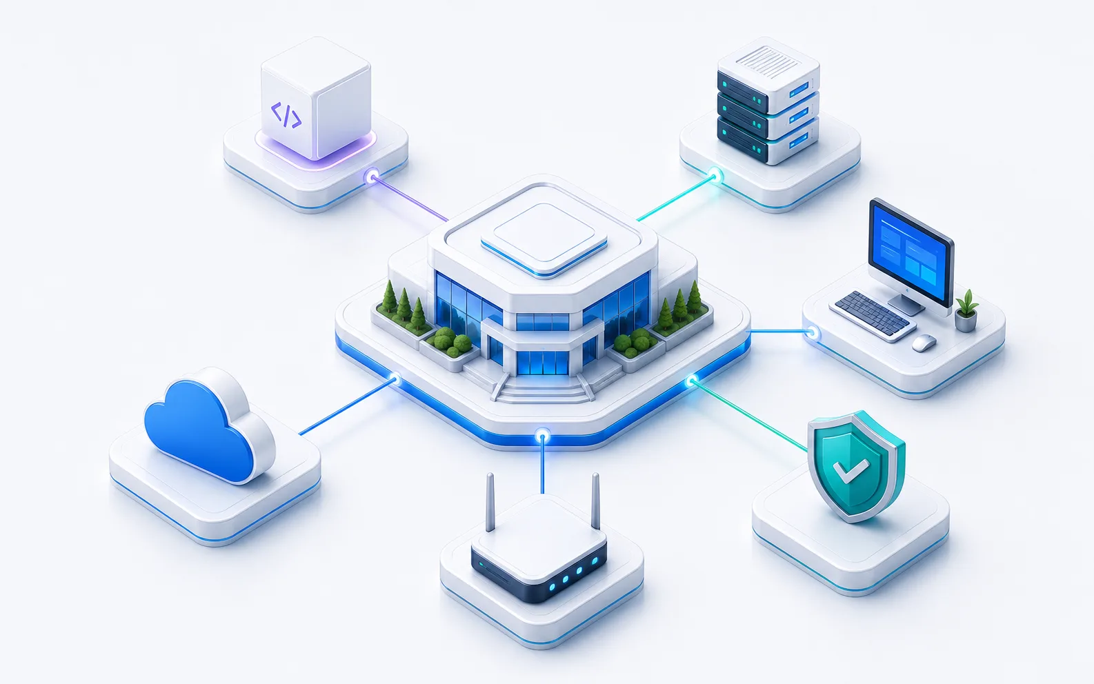 Ganzheitlich vernetzte IT-Landschaft mit Software, Servern, Netzwerk, Cloud und Sicherheit
